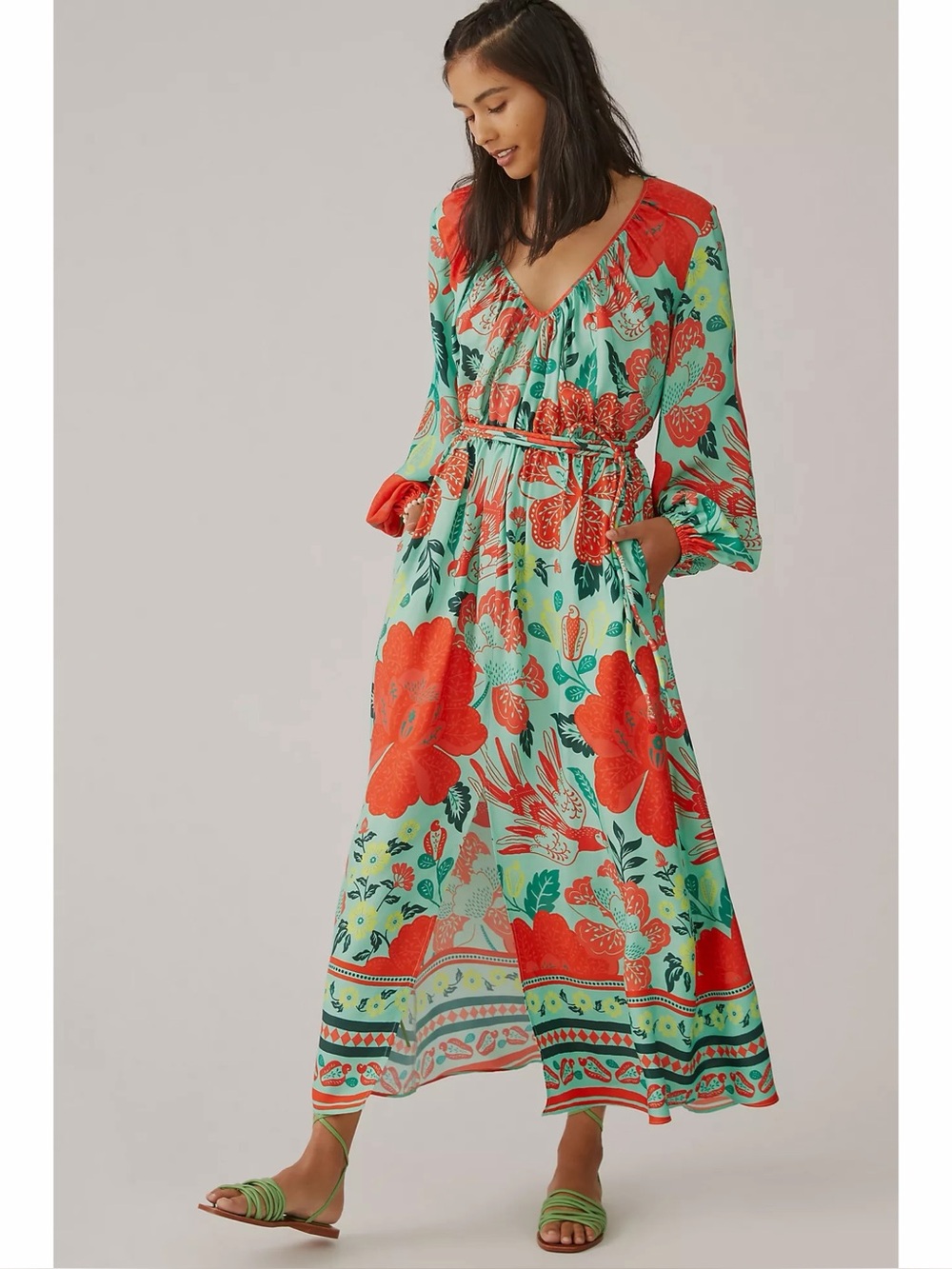 Farm Rio Poppy Parrot Green Red Tropical Maxi Dress